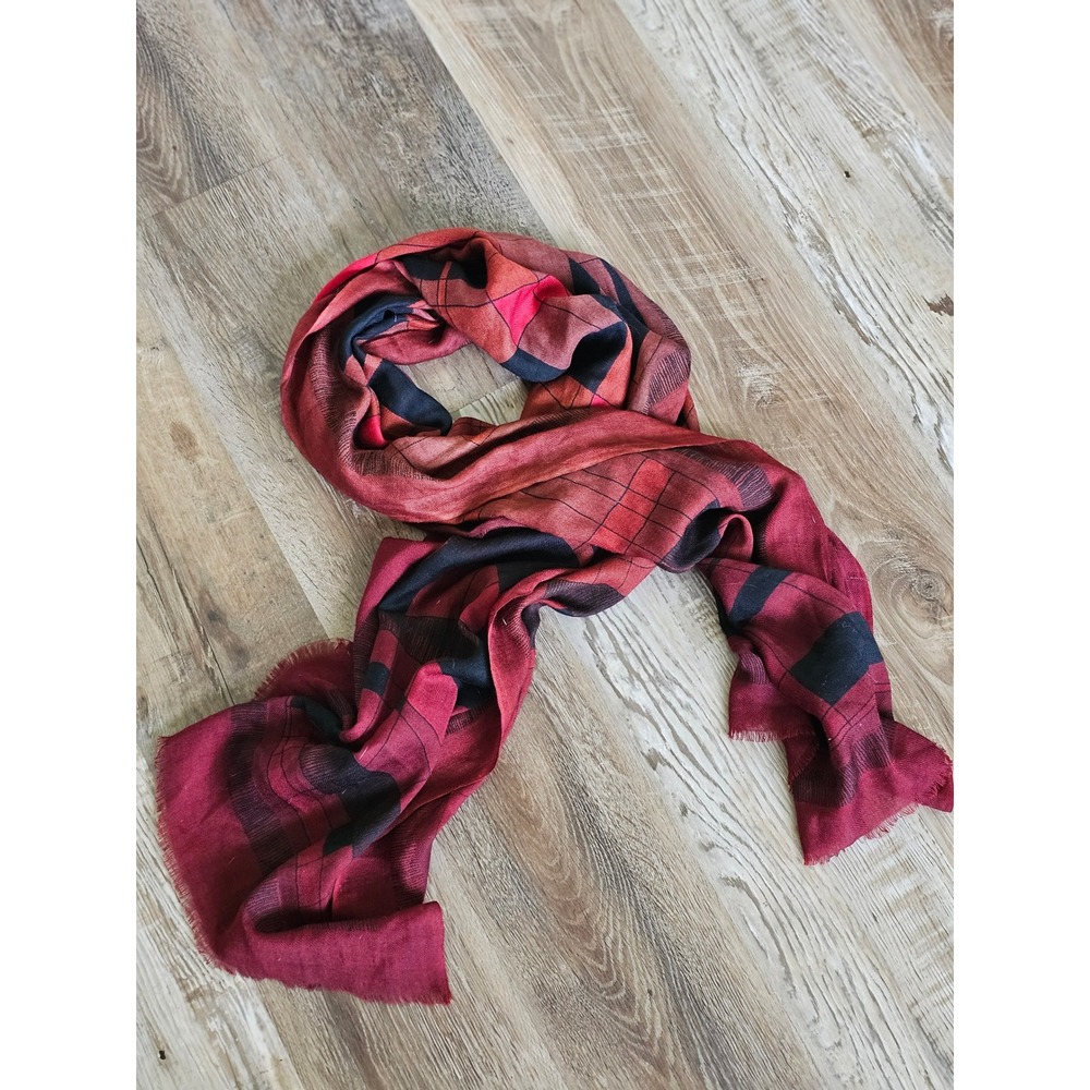 Tiara Accessory Red Black Abstract Geometric 100% Wool Scarf Wrap Eyelash Fringe